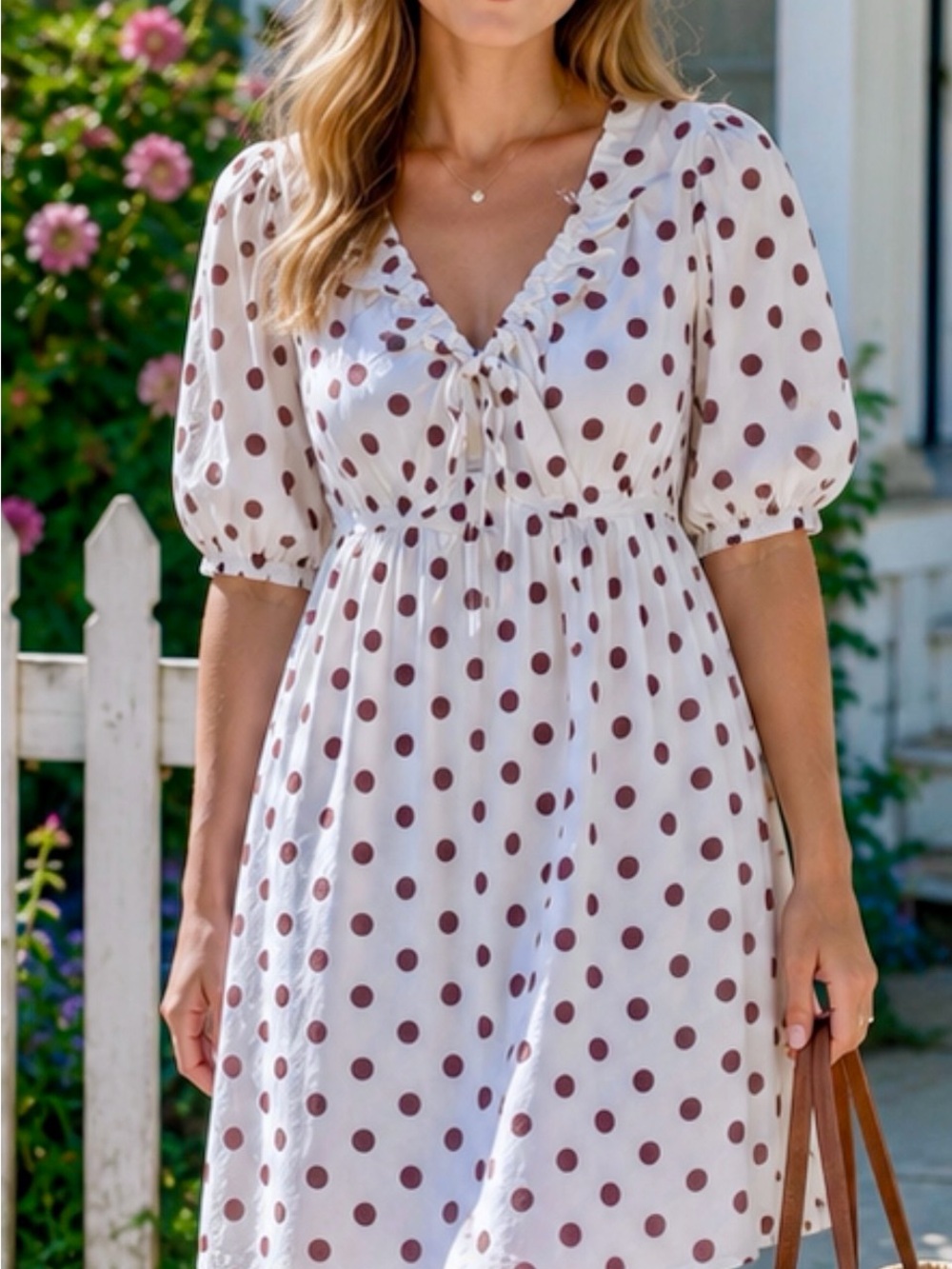 Short Length, Cotton Puff Sleeved Feminine Dress White W/ Brown Polkadots Sz M